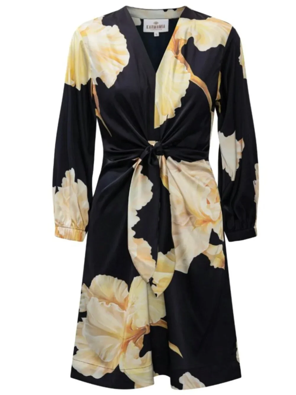 Karmamia Faye Mini Dress Black Gold Floral Wrap Tie Silk S - Picture 2 of 4